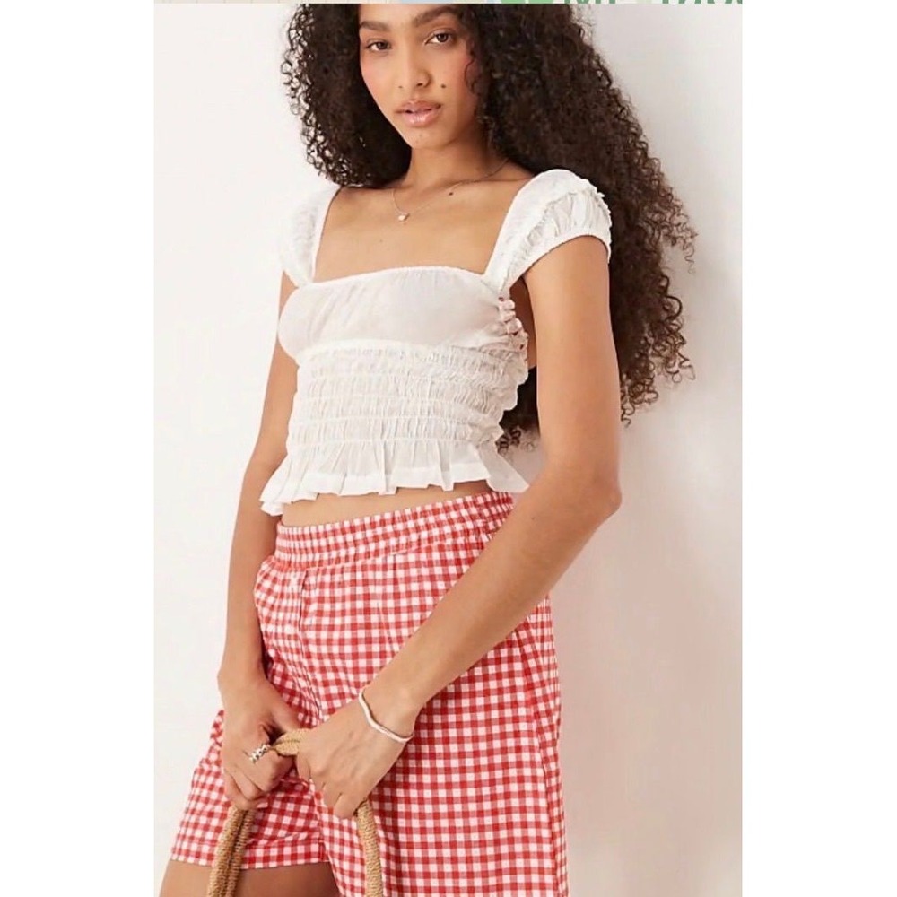 Free People Sweet On You Crop Top XL White Red Ruched Puffed Sleeve 96849831 NEW